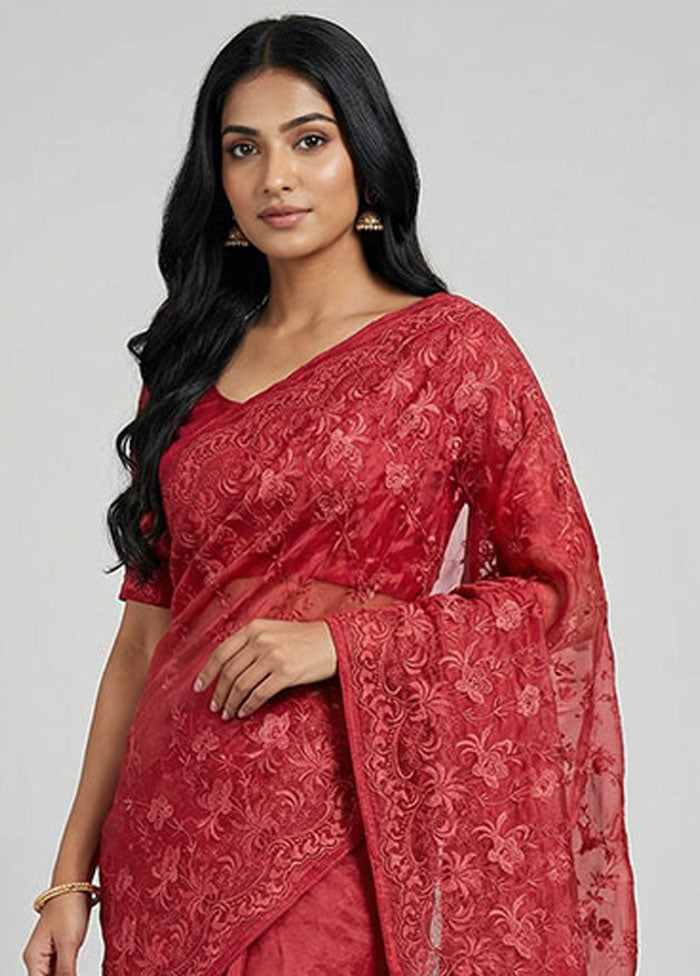 Maroon Organza Saree With Blouse Piece