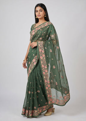 Green Organza Saree With Blouse Piece