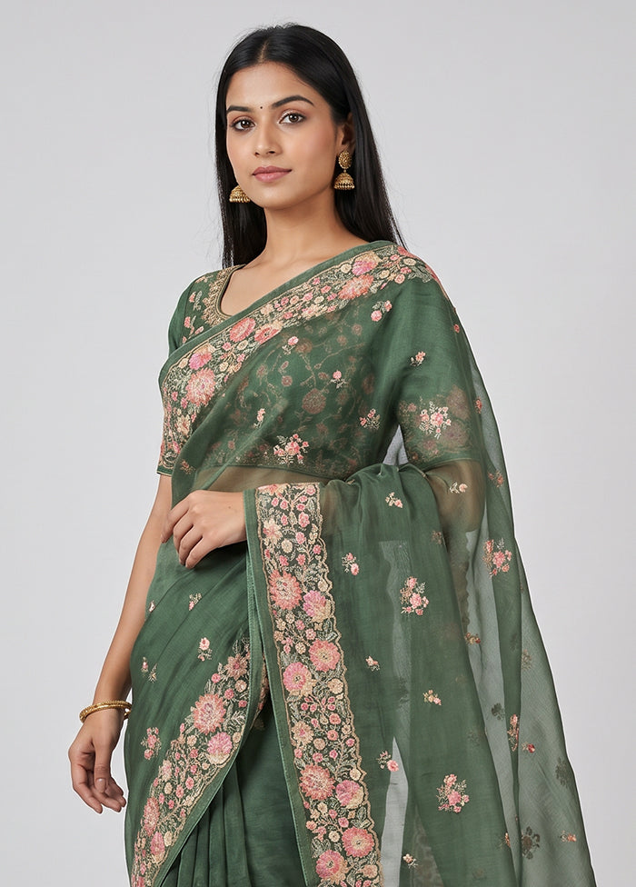 Green Organza Saree With Blouse Piece