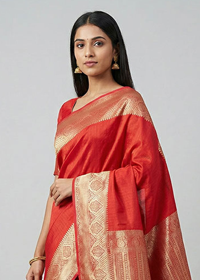 Red Kanjivaram Silk Saree With Blouse Piece