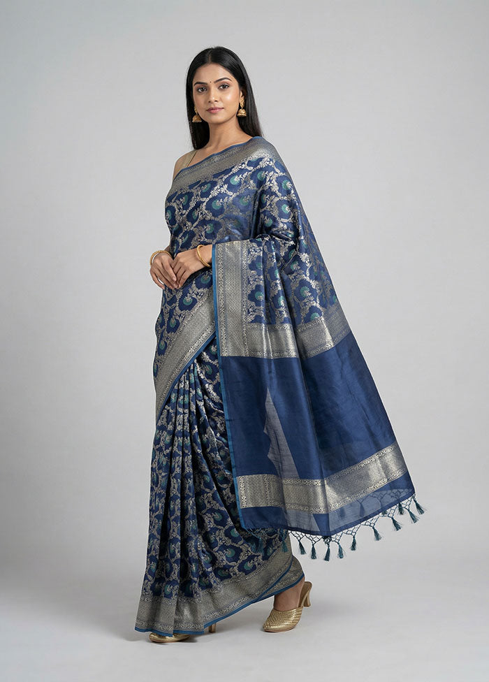 Blue Kora Silk Saree With Blouse Piece