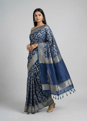 Blue Kora Silk Saree With Blouse Piece