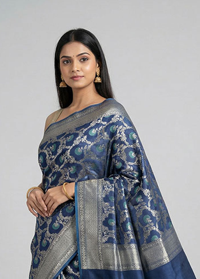 Blue Kora Silk Saree With Blouse Piece