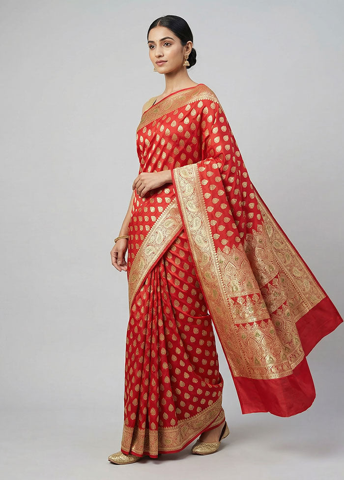Red Banarasi Silk Saree With Blouse Piece