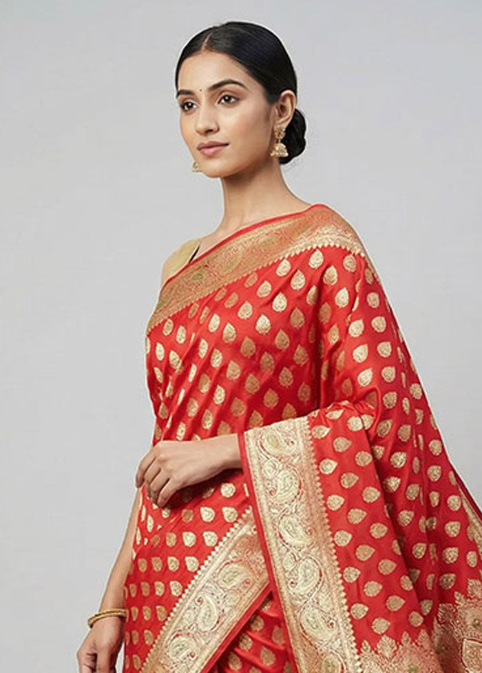 Red Banarasi Silk Saree With Blouse Piece