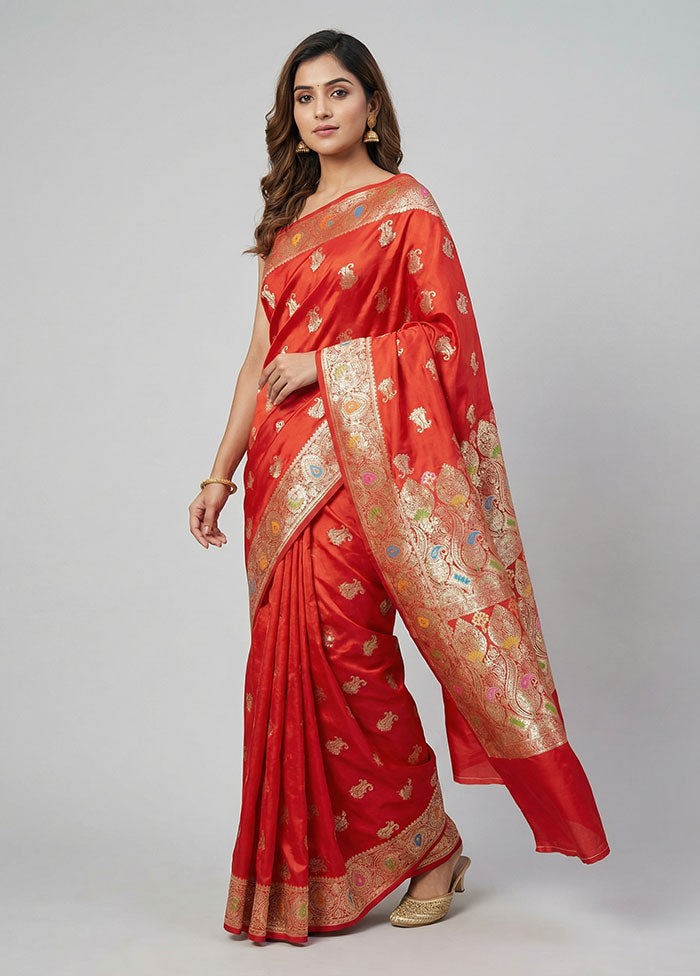Red Banarasi Silk Saree With Blouse Piece