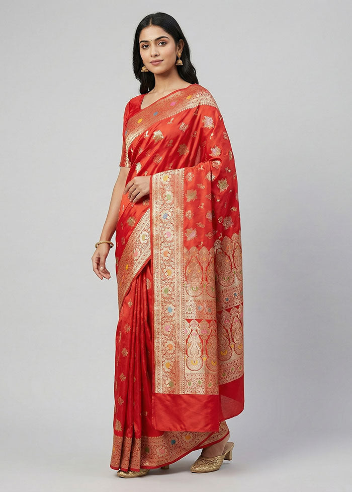 Red Banarasi Silk Saree With Blouse Piece