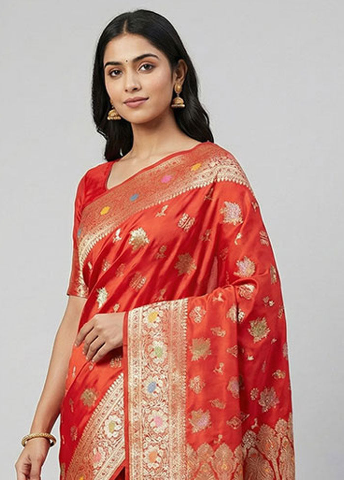 Red Banarasi Silk Saree With Blouse Piece