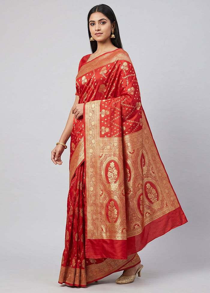 Red Banarasi Silk Saree With Blouse Piece
