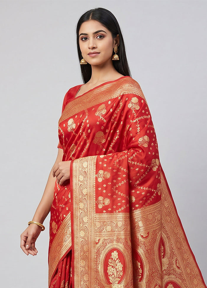 Red Banarasi Silk Saree With Blouse Piece