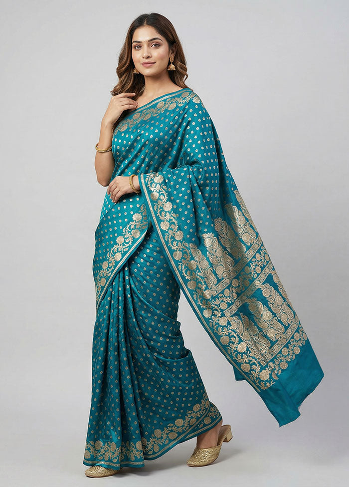 Blue Handloom Banarasi Pure Silk Saree With Blouse Piece