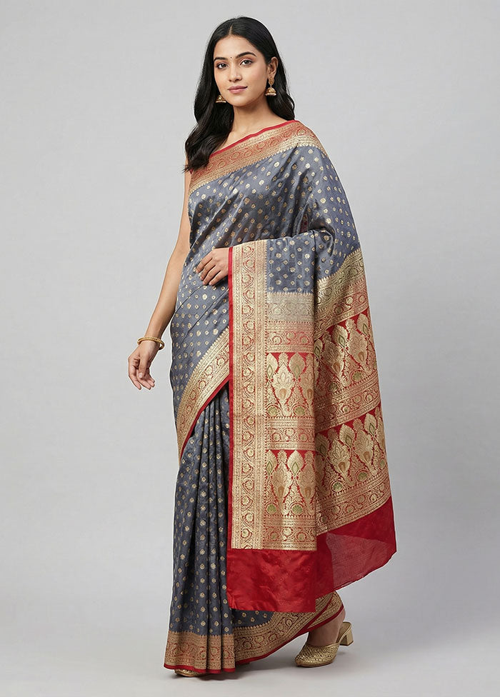 Grey Handloom Banarasi Pure Silk Saree With Blouse Piece