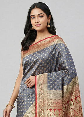 Grey Handloom Banarasi Pure Silk Saree With Blouse Piece