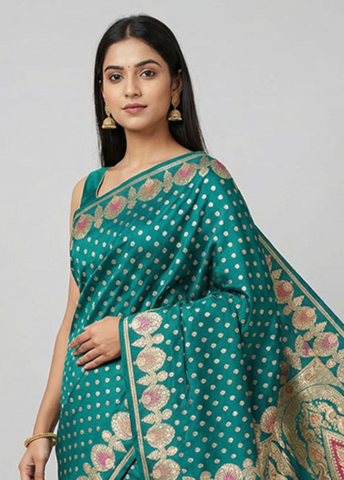 Green Handloom Banarasi Pure Silk Saree With Blouse Piece