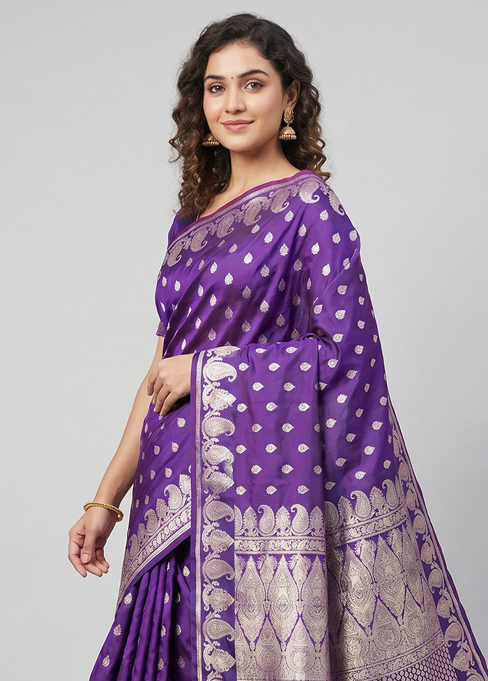 Purple Handloom Banarasi Pure Silk Saree With Blouse Piece