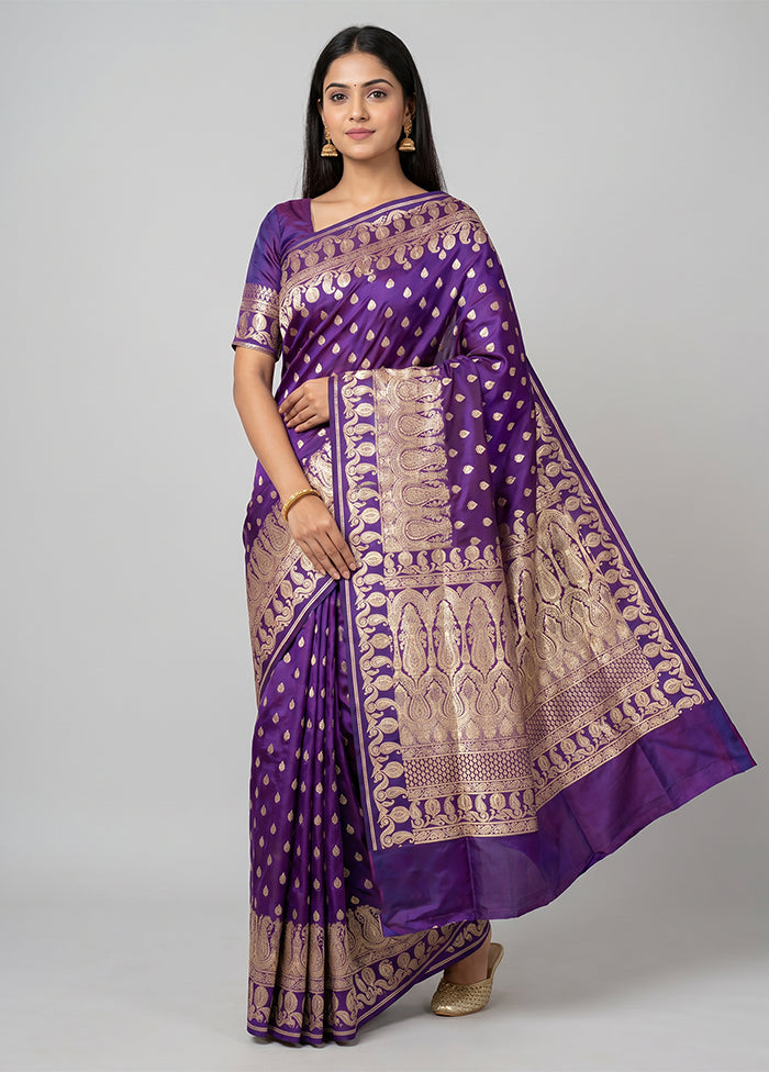 Purple Handloom Banarasi Pure Silk Saree With Blouse Piece