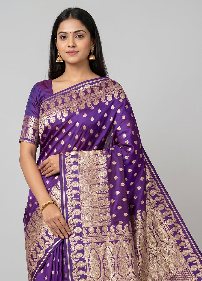 Purple Handloom Banarasi Pure Silk Saree With Blouse Piece