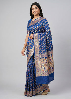 Blue Handloom Banarasi Pure Silk Saree With Blouse Piece