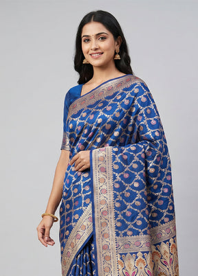 Blue Handloom Banarasi Pure Silk Saree With Blouse Piece