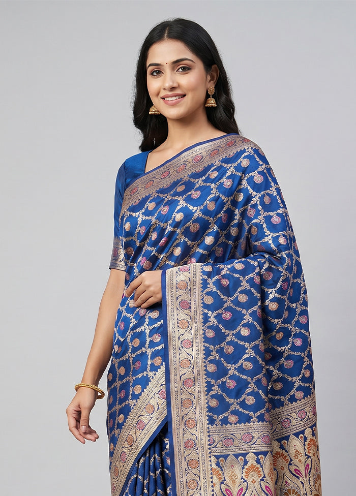 Blue Handloom Banarasi Pure Silk Saree With Blouse Piece