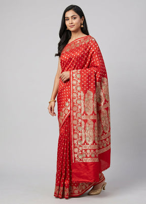 Red Handloom Banarasi Pure Silk Saree With Blouse Piece