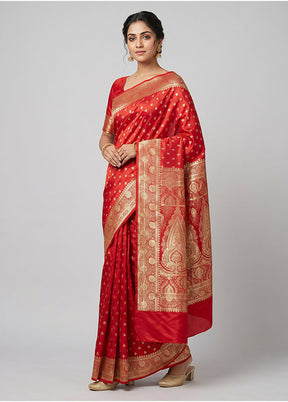 Red Banarasi Silk Saree With Blouse Piece