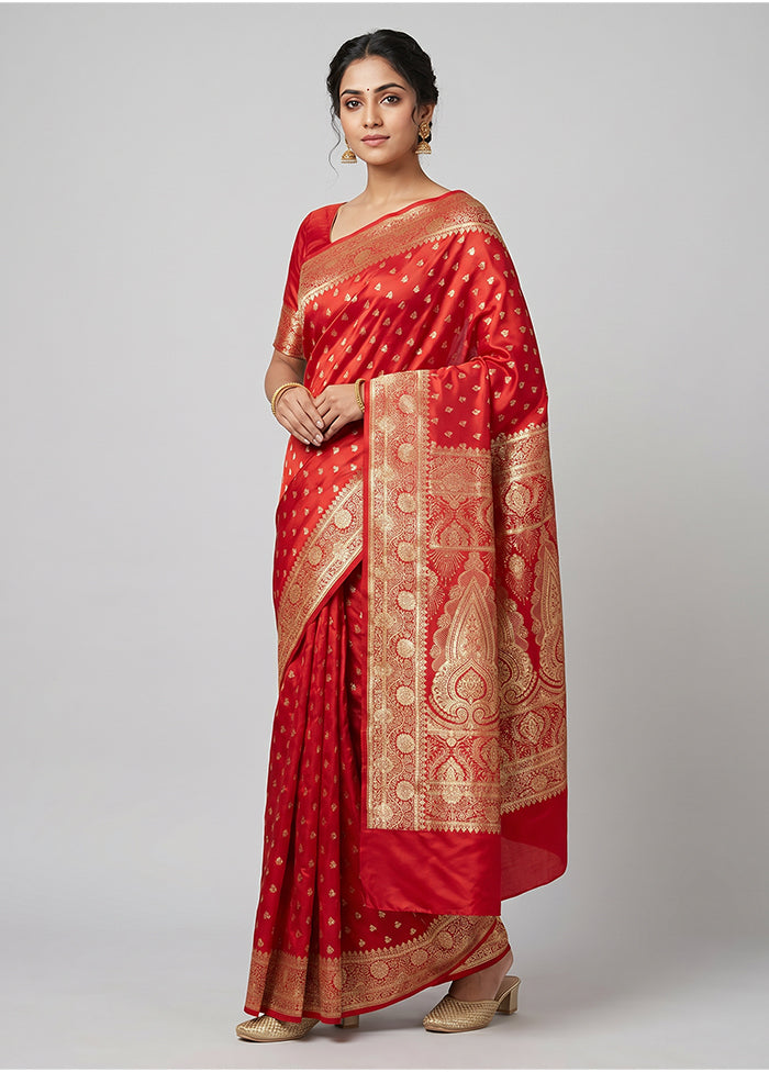 Red Banarasi Silk Saree With Blouse Piece
