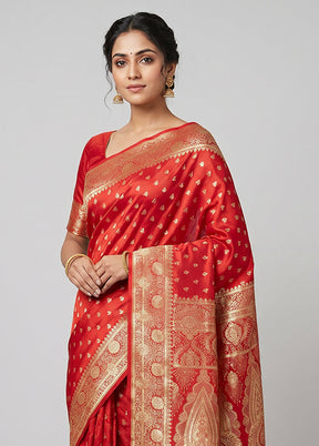 Red Banarasi Silk Saree With Blouse Piece