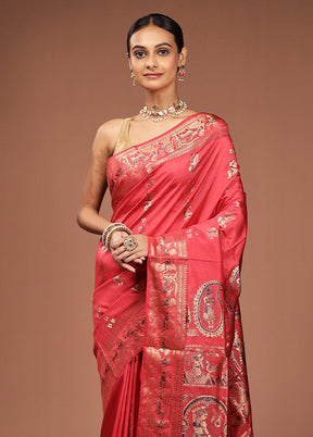 Pink Handloom Baluchari Pure Silk Saree With Blouse Piece