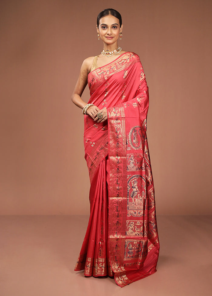Pink Handloom Baluchari Pure Silk Saree With Blouse Piece