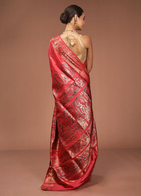 Pink Handloom Baluchari Pure Silk Saree With Blouse Piece