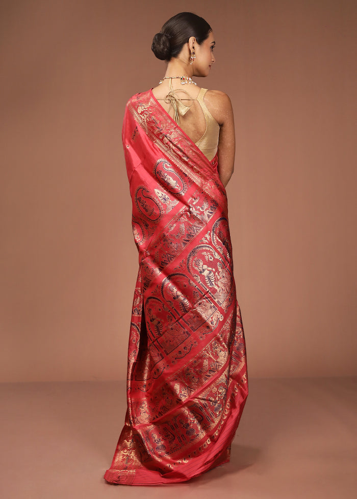 Pink Handloom Baluchari Pure Silk Saree With Blouse Piece