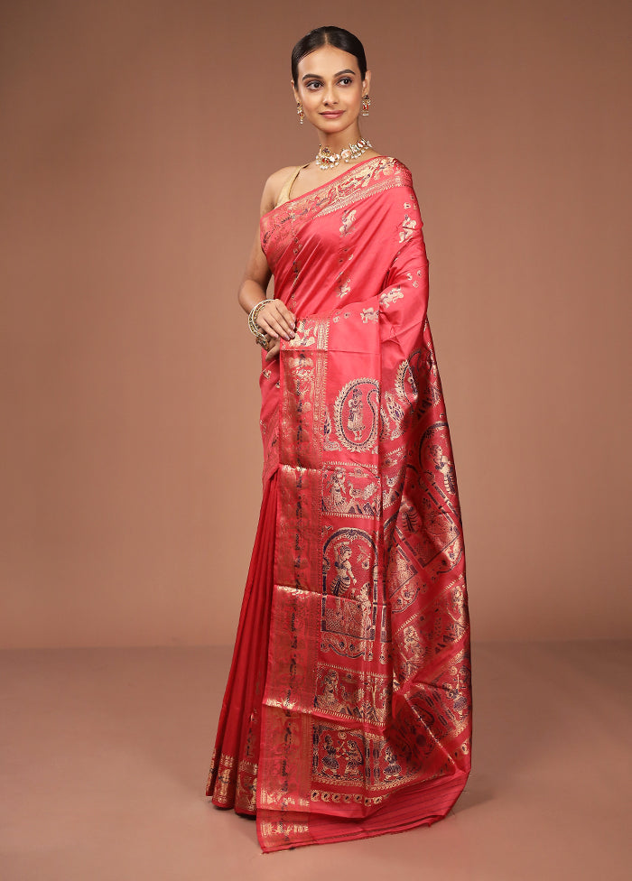 Pink Handloom Baluchari Pure Silk Saree With Blouse Piece