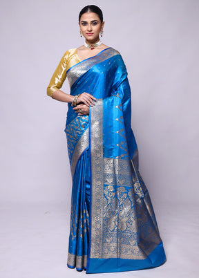 Blue Banarasi Silk Saree With Blouse Piece