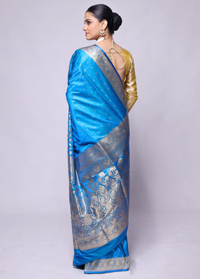Blue Banarasi Silk Saree With Blouse Piece