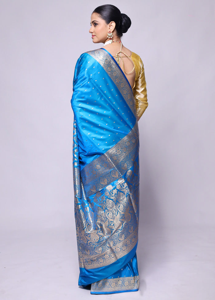 Blue Banarasi Silk Saree With Blouse Piece