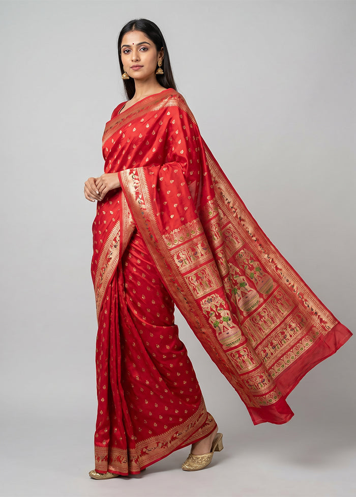 Red Handloom Baluchari Pure Silk Saree With Blouse Piece