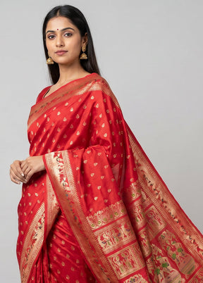 Red Handloom Baluchari Pure Silk Saree With Blouse Piece