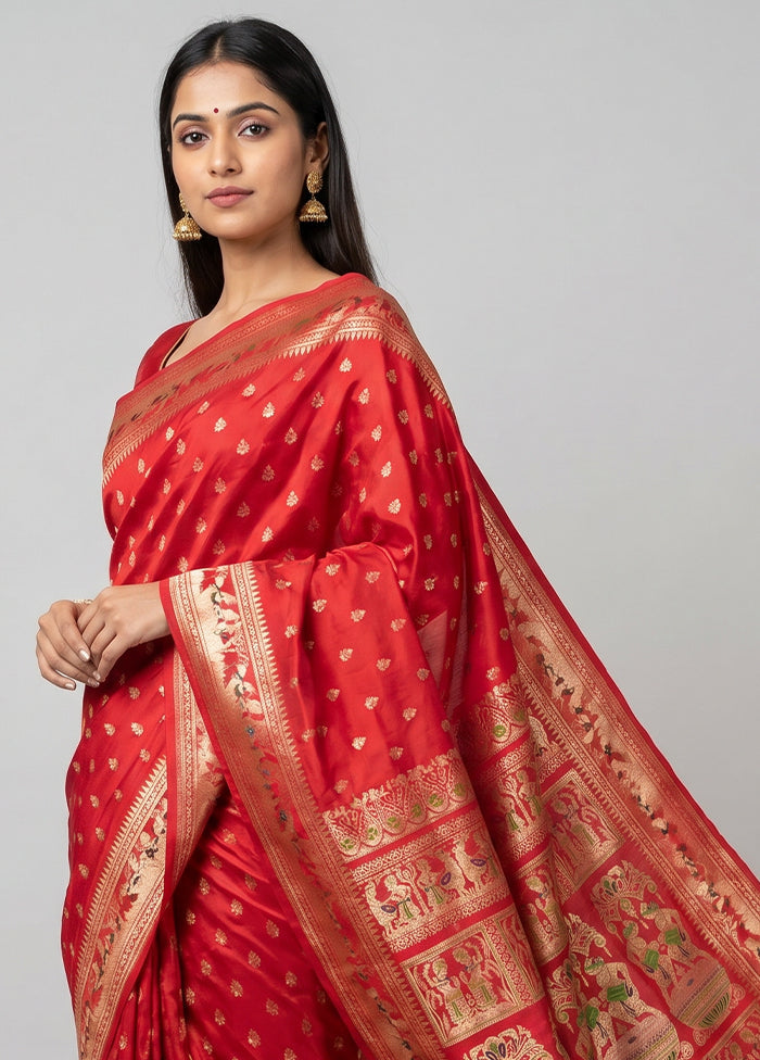 Red Handloom Baluchari Pure Silk Saree With Blouse Piece