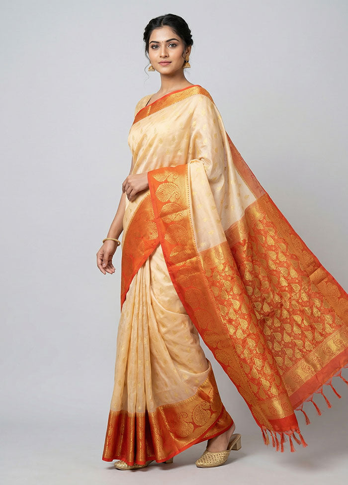 Cream Kanjivaram Silk Saree With Blouse Piece