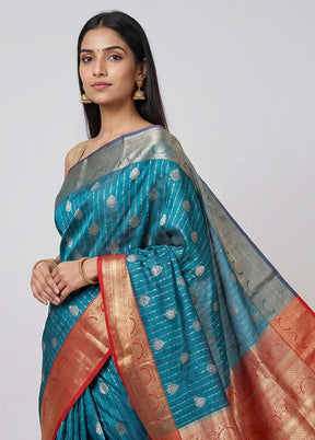 Blue Kanjivaram Silk Saree With Blouse Piece