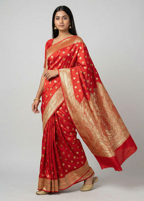 Red Banarasi Silk Saree With Blouse Piece