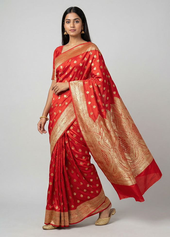 Red Banarasi Silk Saree With Blouse Piece