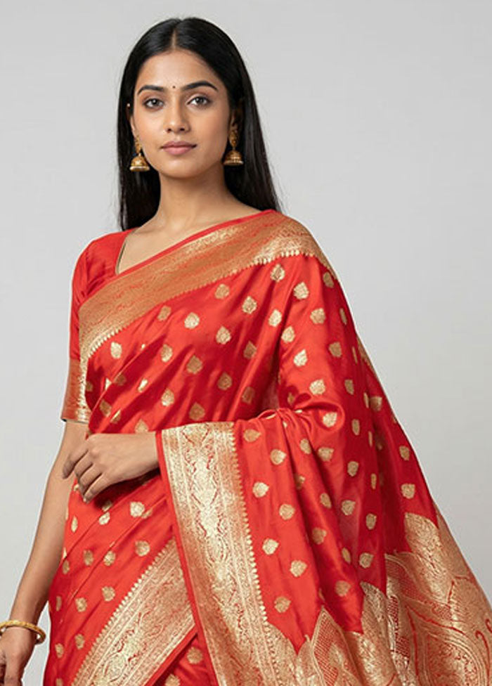 Red Banarasi Silk Saree With Blouse Piece
