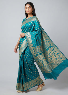 Blue Handloom Banarasi Pure Silk Saree With Blouse Piece