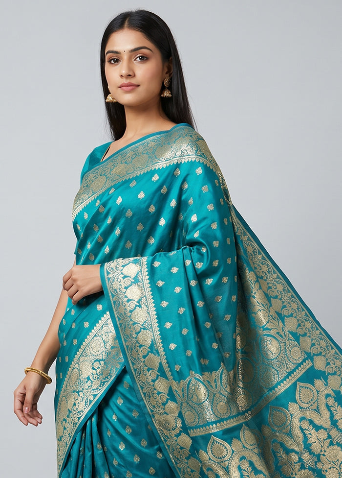 Blue Handloom Banarasi Pure Silk Saree With Blouse Piece