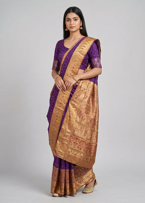 Purple Handloom Baluchari Pure Silk Saree With Blouse Piece