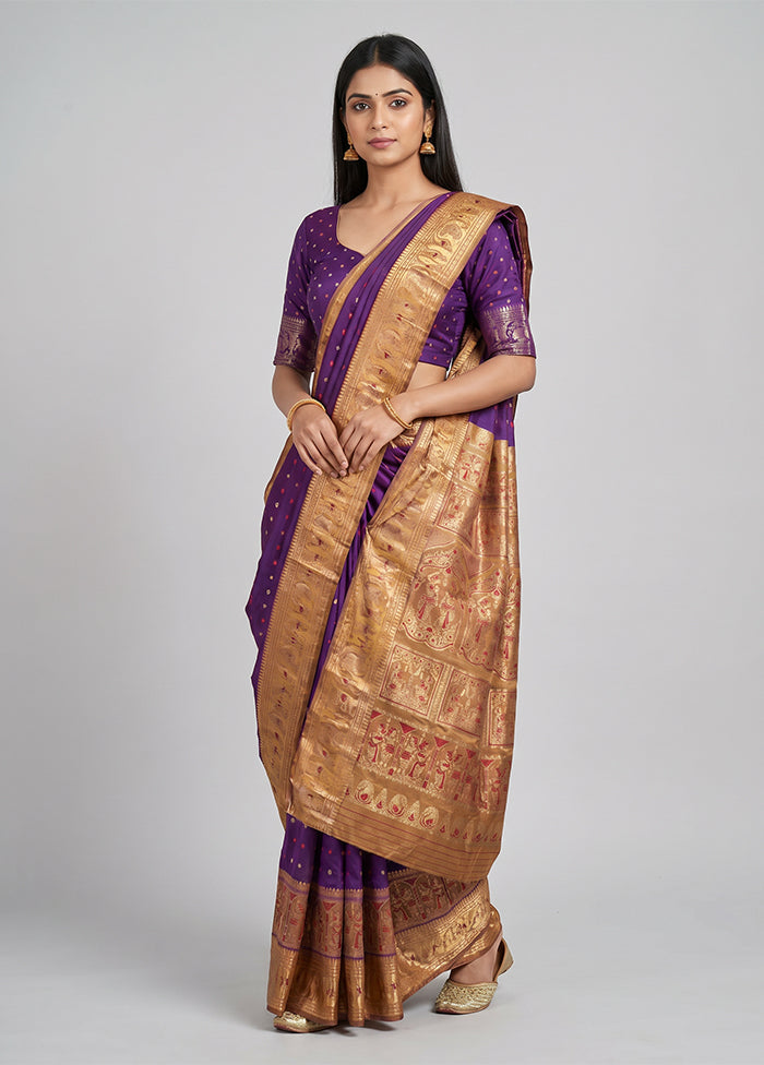 Purple Handloom Baluchari Pure Silk Saree With Blouse Piece