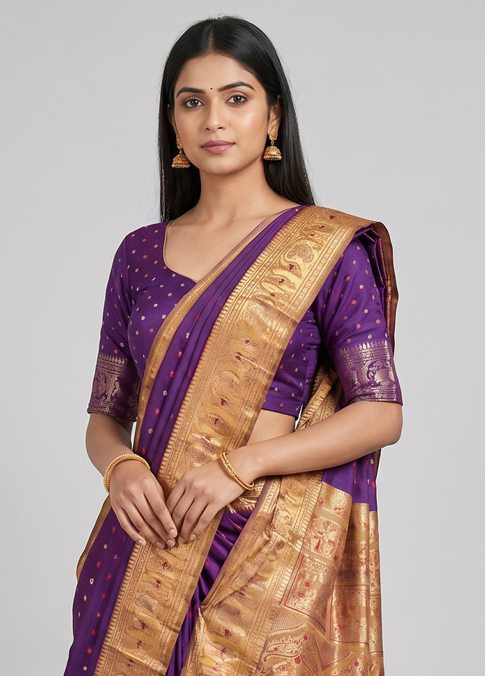 Purple Handloom Baluchari Pure Silk Saree With Blouse Piece