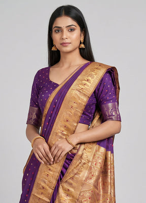 Purple Handloom Baluchari Pure Silk Saree With Blouse Piece